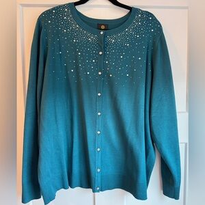 JM Collection Teal Cardigan with Bead Accents